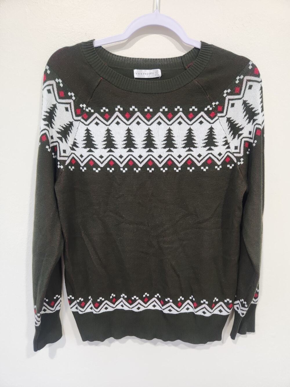 Women's Retrology Green Christmas Trees Sweater Size L Holiday Winter